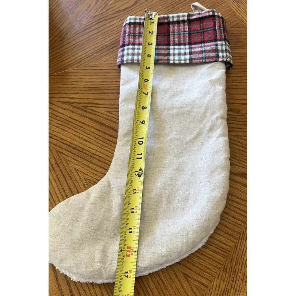 Christmas Stocking Fabric Cloth Beige Santa Plaid Country Rustic Primitive 17